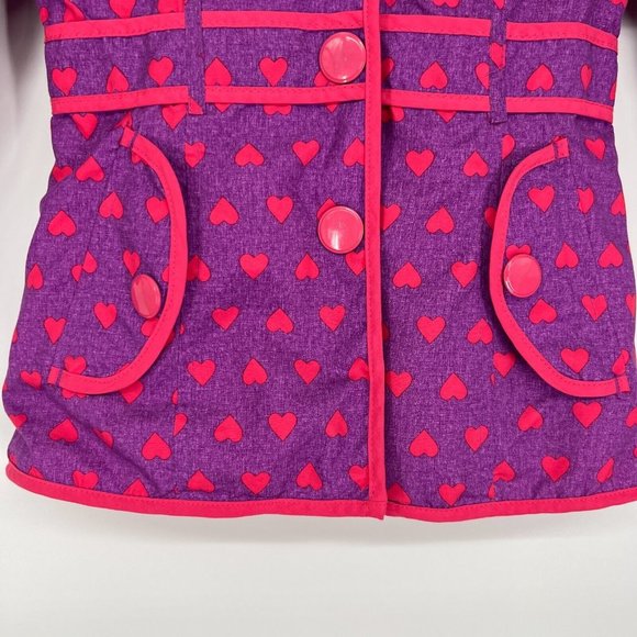 London Fog Girls Raincoat Jacket Purple Pink Heart Print Hooded Fleece Lined - Picture 4 of 12
